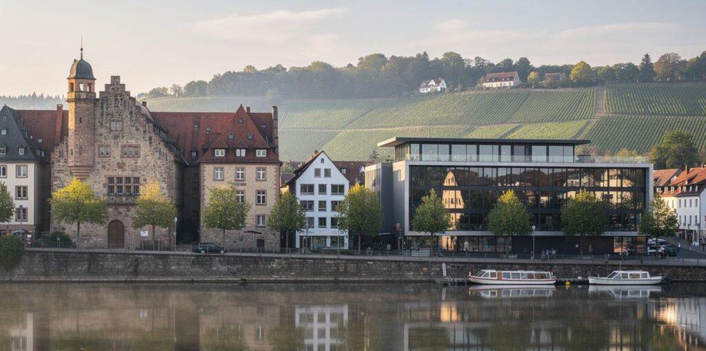 neckar Neckarufer mit historischen Gebäuden, Weinbergen und einem modernen Bürogebäude